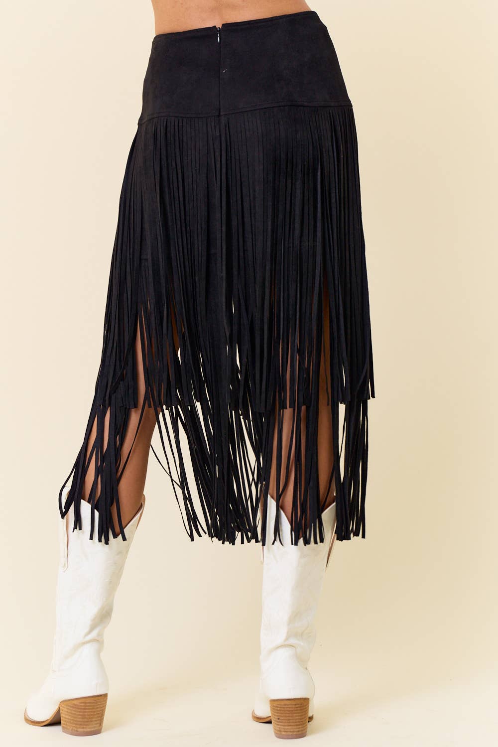 BLACK TIERED FAUX SUEDE FRINGE MIDI SKIRT