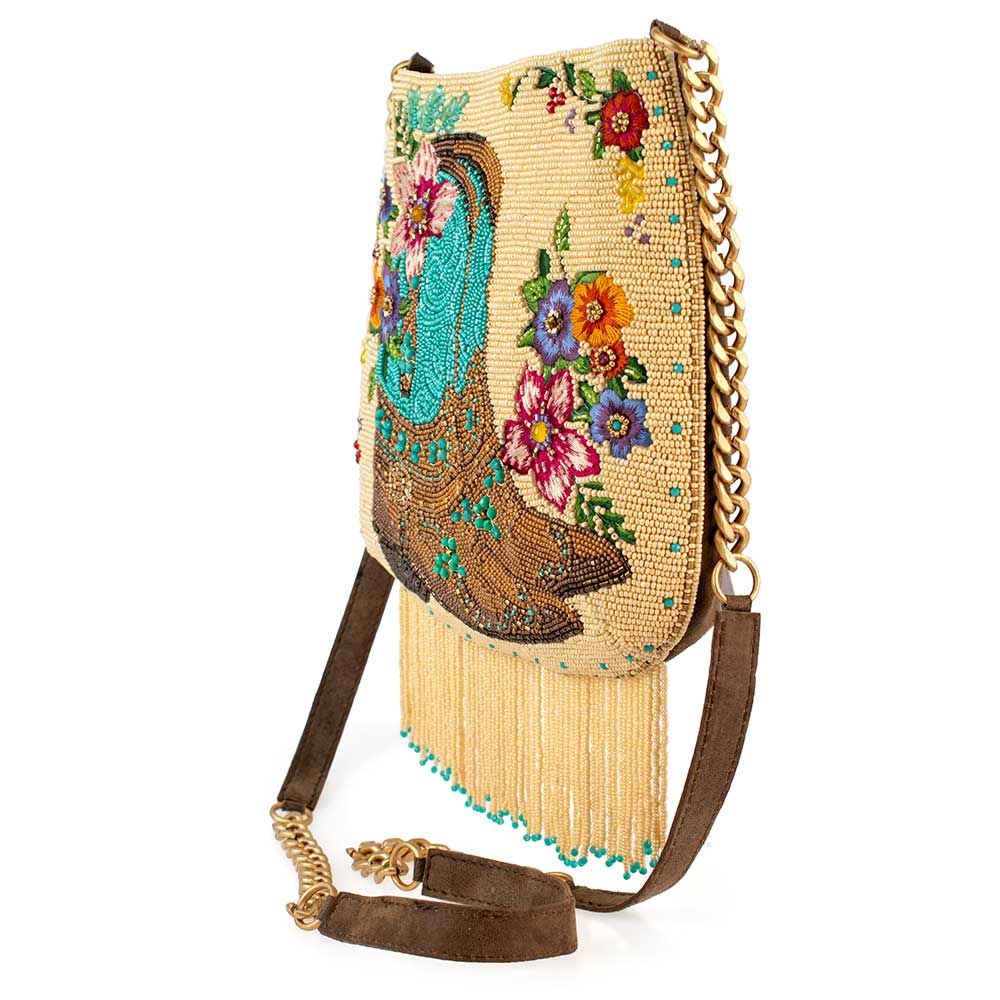 Mary Frances Beaded Cowboy Boots and Flowers Crossbody Handbag