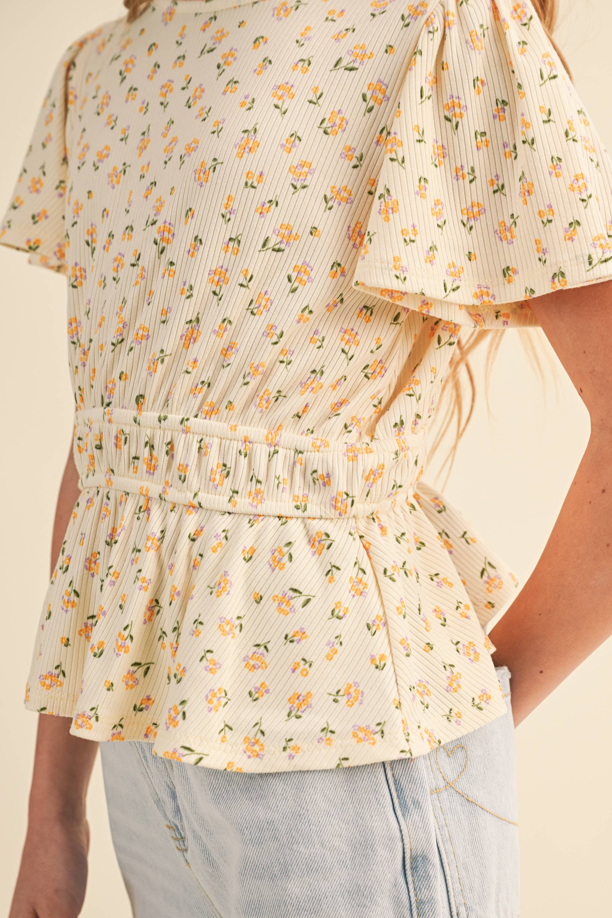 Heart and Arrow Kids Girls Round Neck Flutter Slv Peplum Top