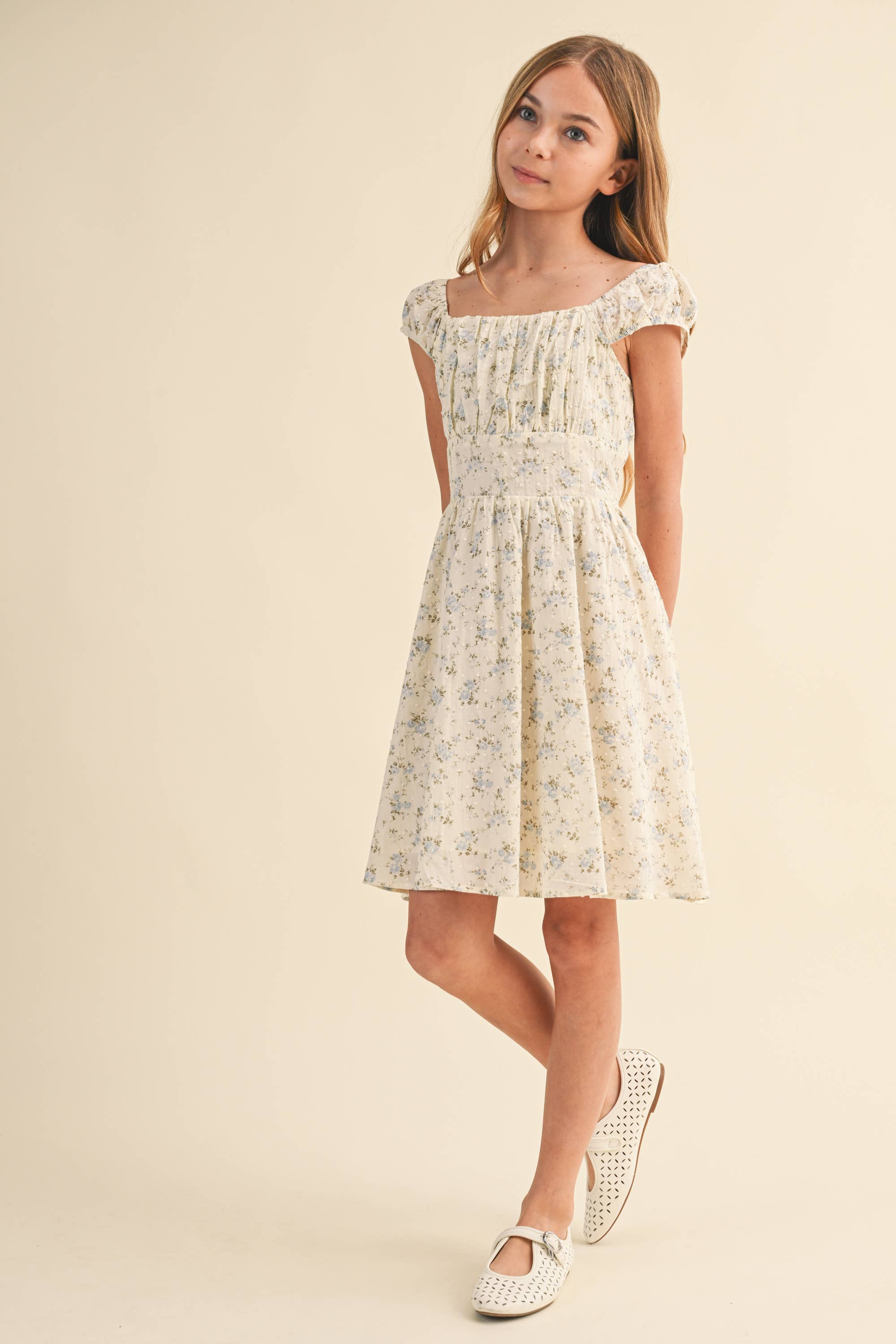 Heart and Arrow Girls Ruched Shoulder Mini Dress