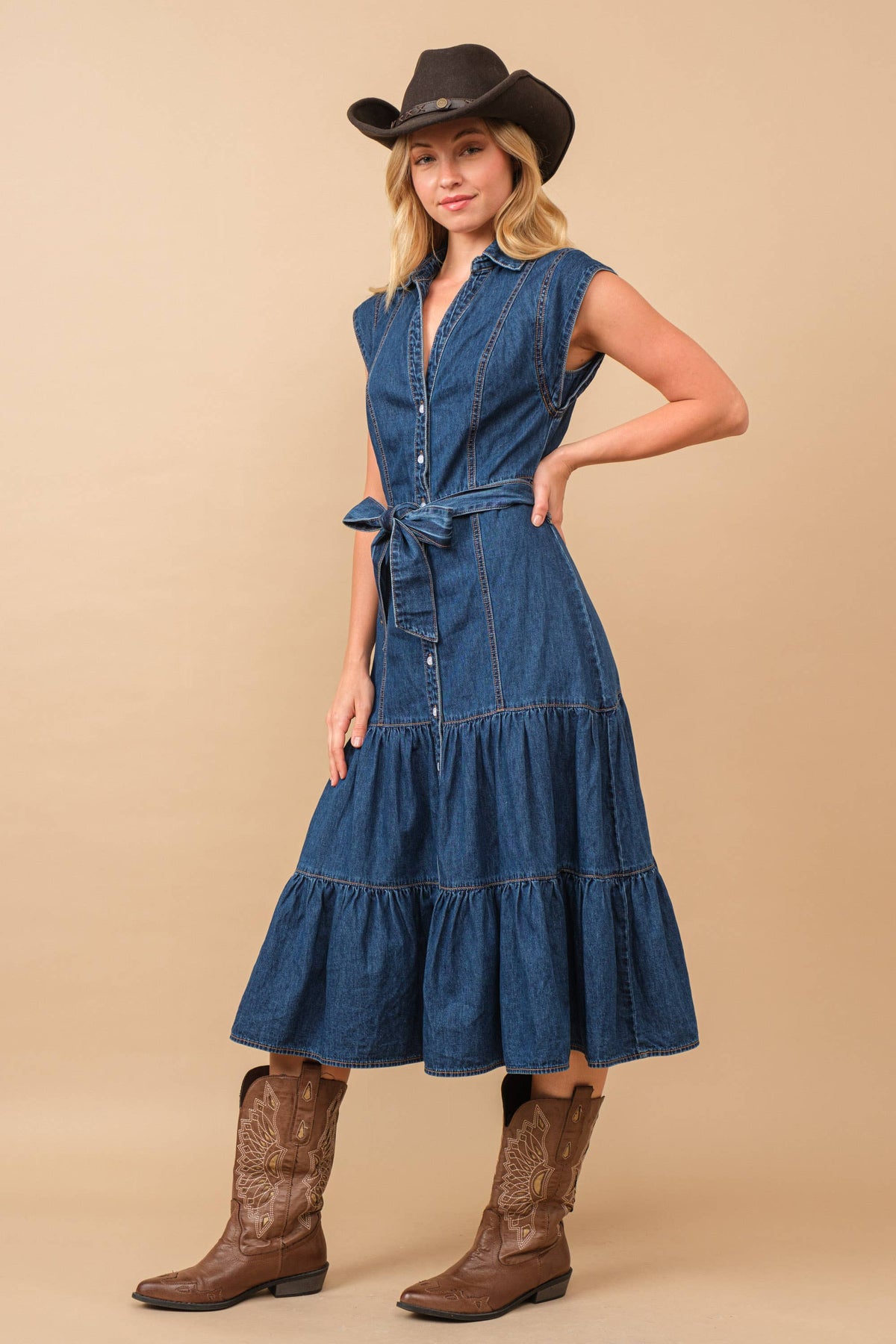 Blue B Belted Button Up Tiered Denim Midi Dress