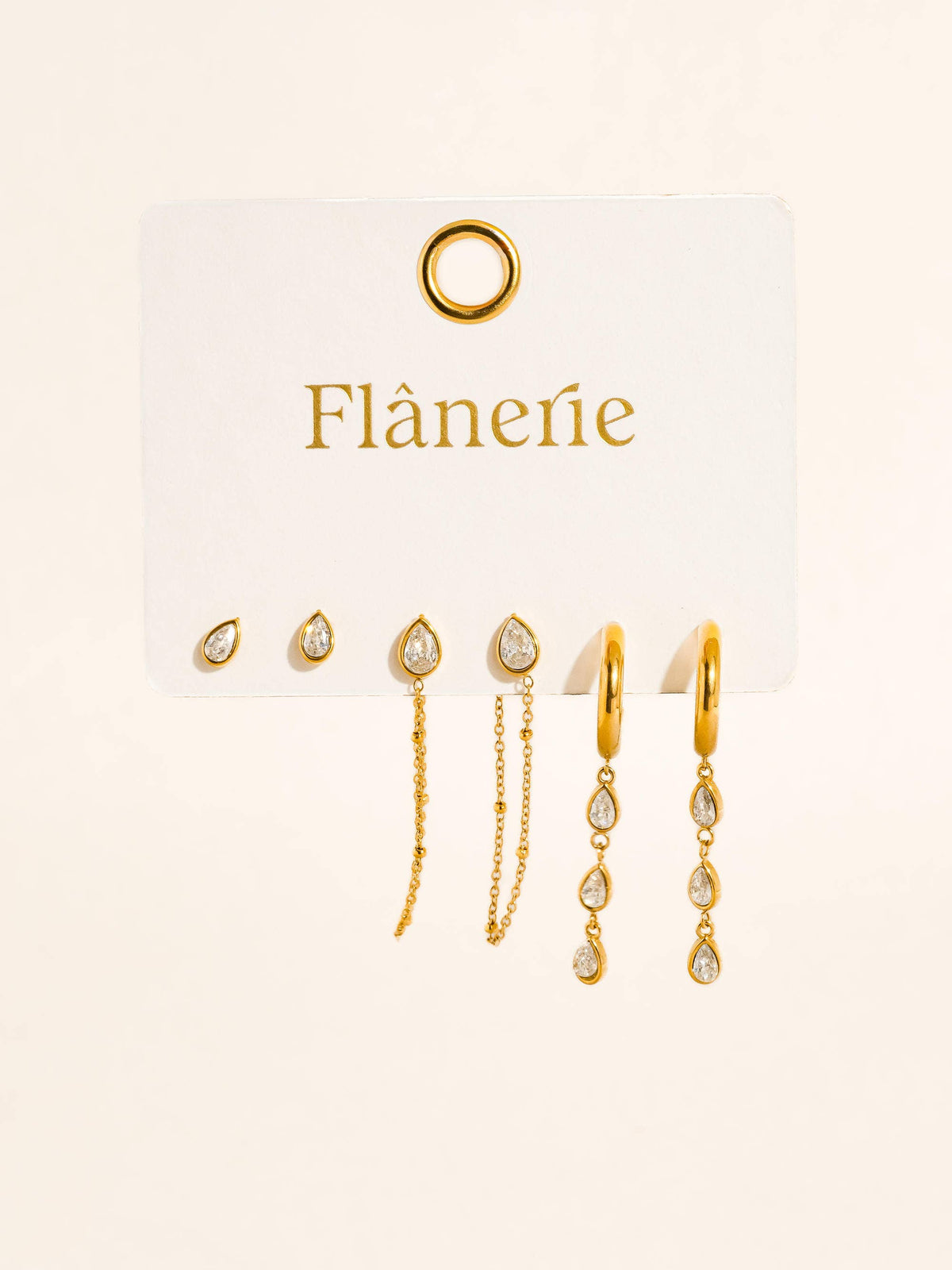 Flanerie Finley 18K Gold Non-Tarnish CZ Chain Drop Earring Sets