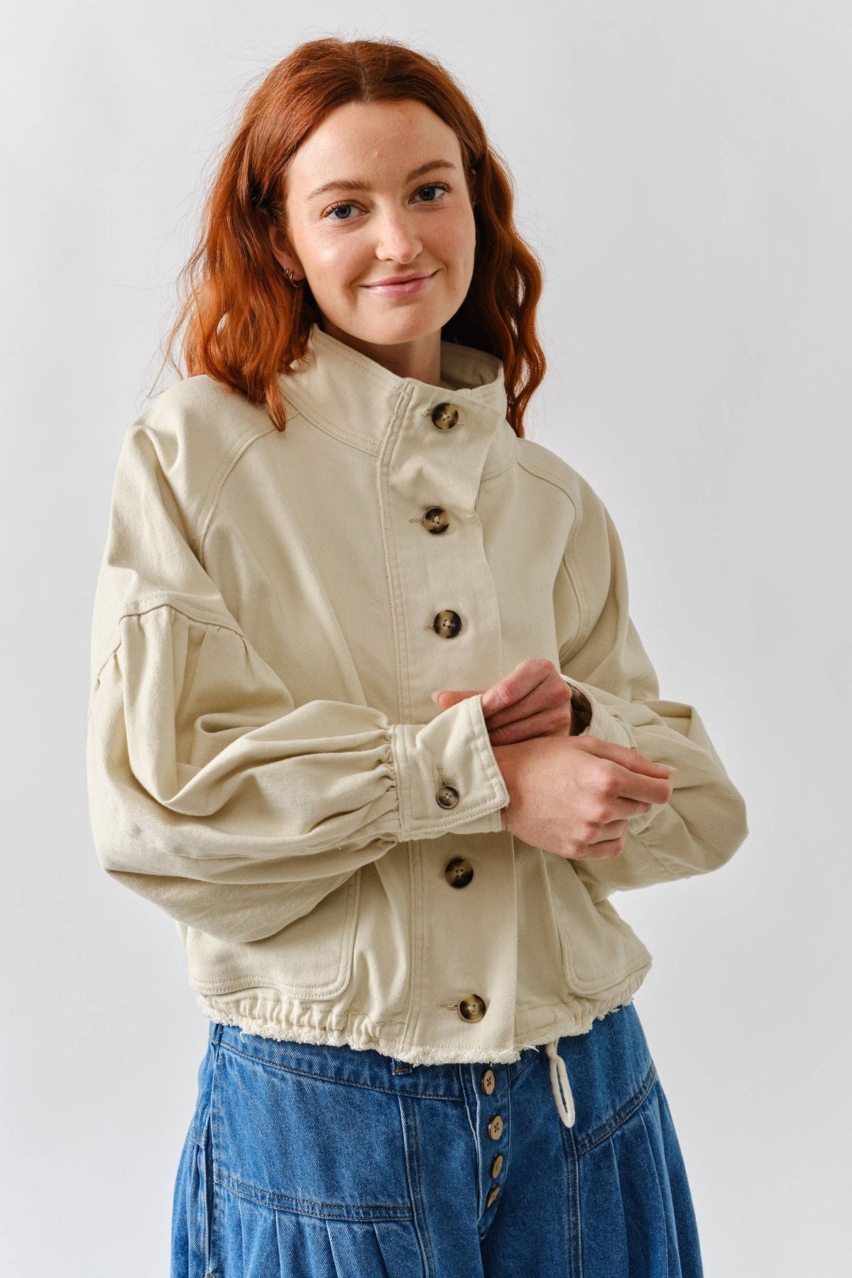 Aaron & Amber Ballon Sleeve Twill Jacket Drawstring Waist