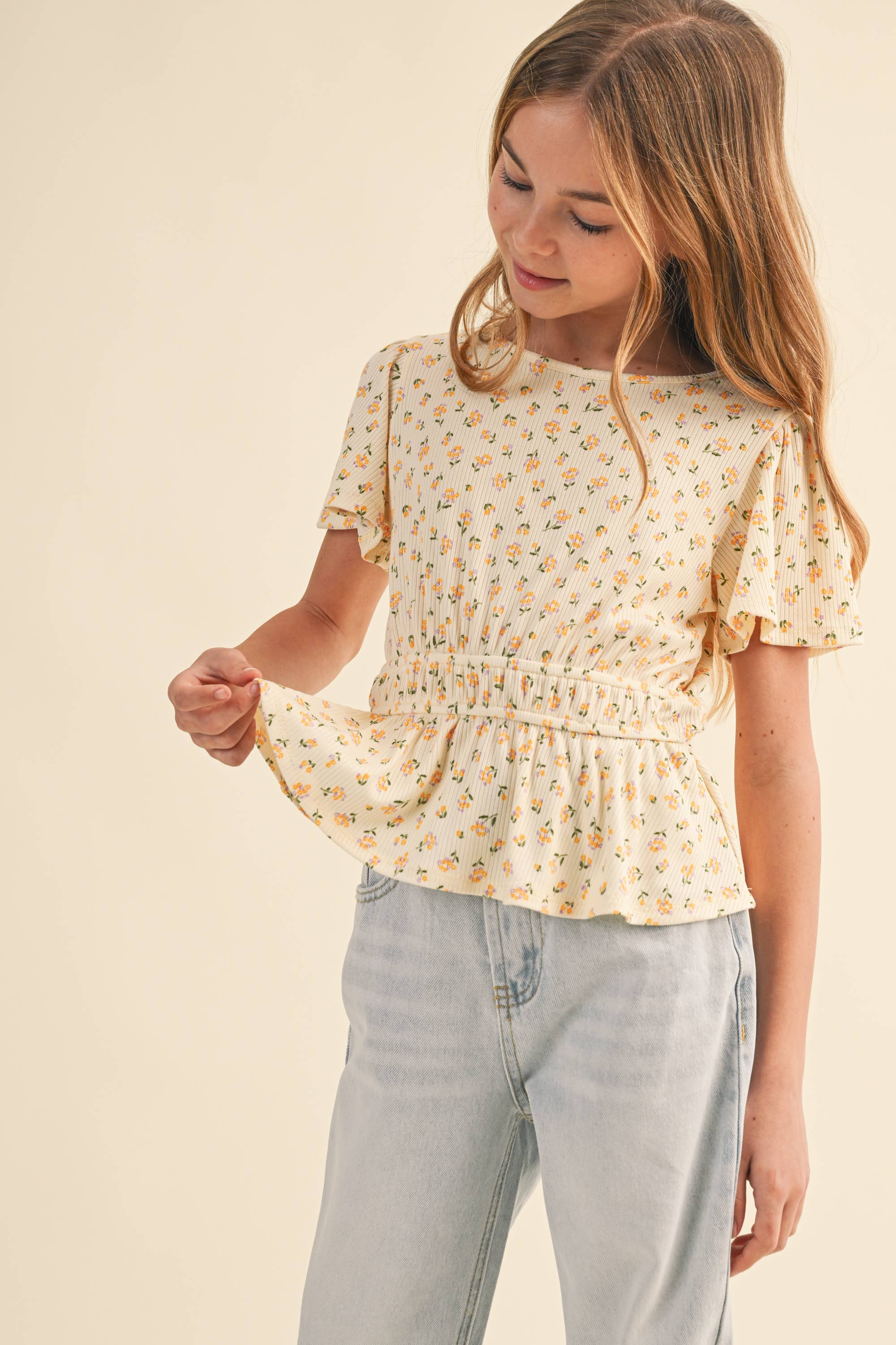 Heart and Arrow Kids Girls Round Neck Flutter Slv Peplum Top