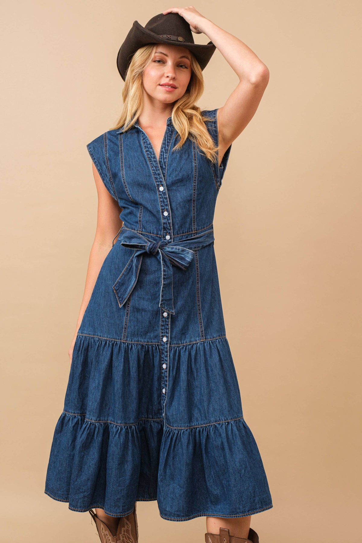 Blue B Belted Button Up Tiered Denim Midi Dress