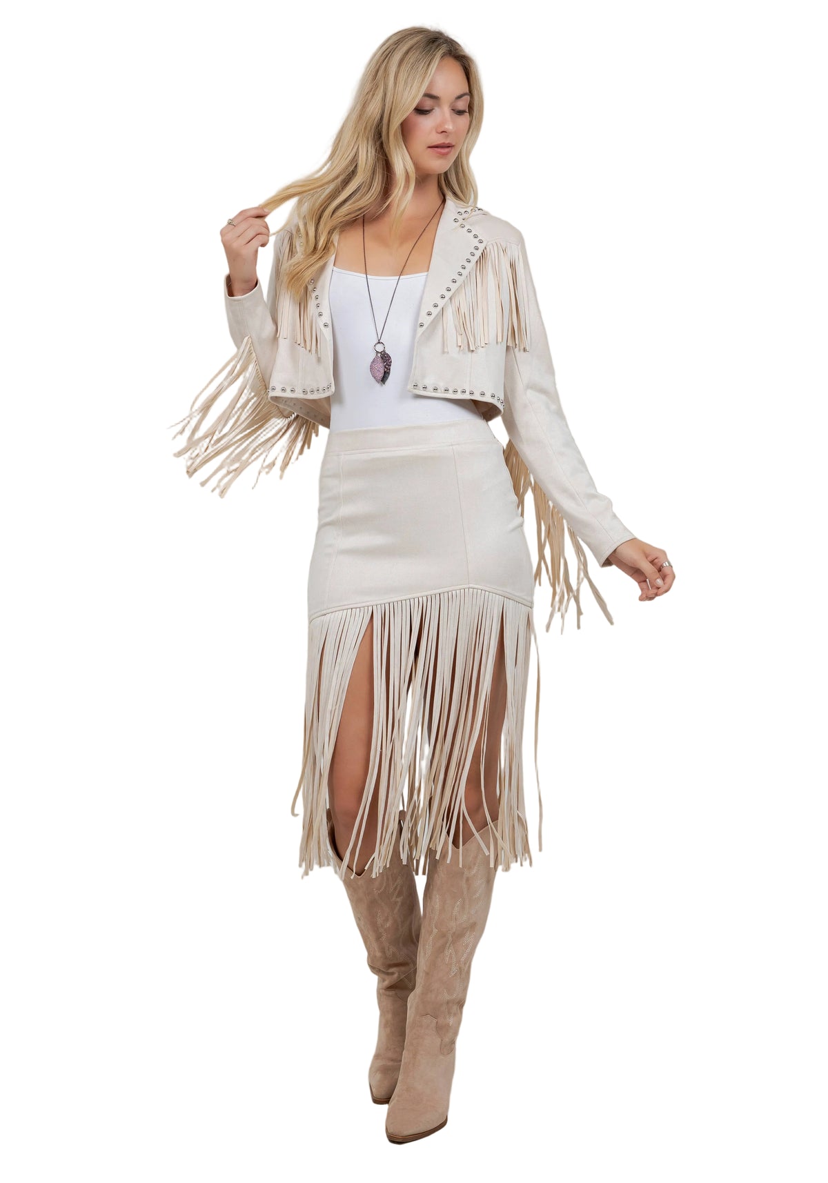 Saints & Hearts CREAM FRINGED FAUX SUEDE SKIRT