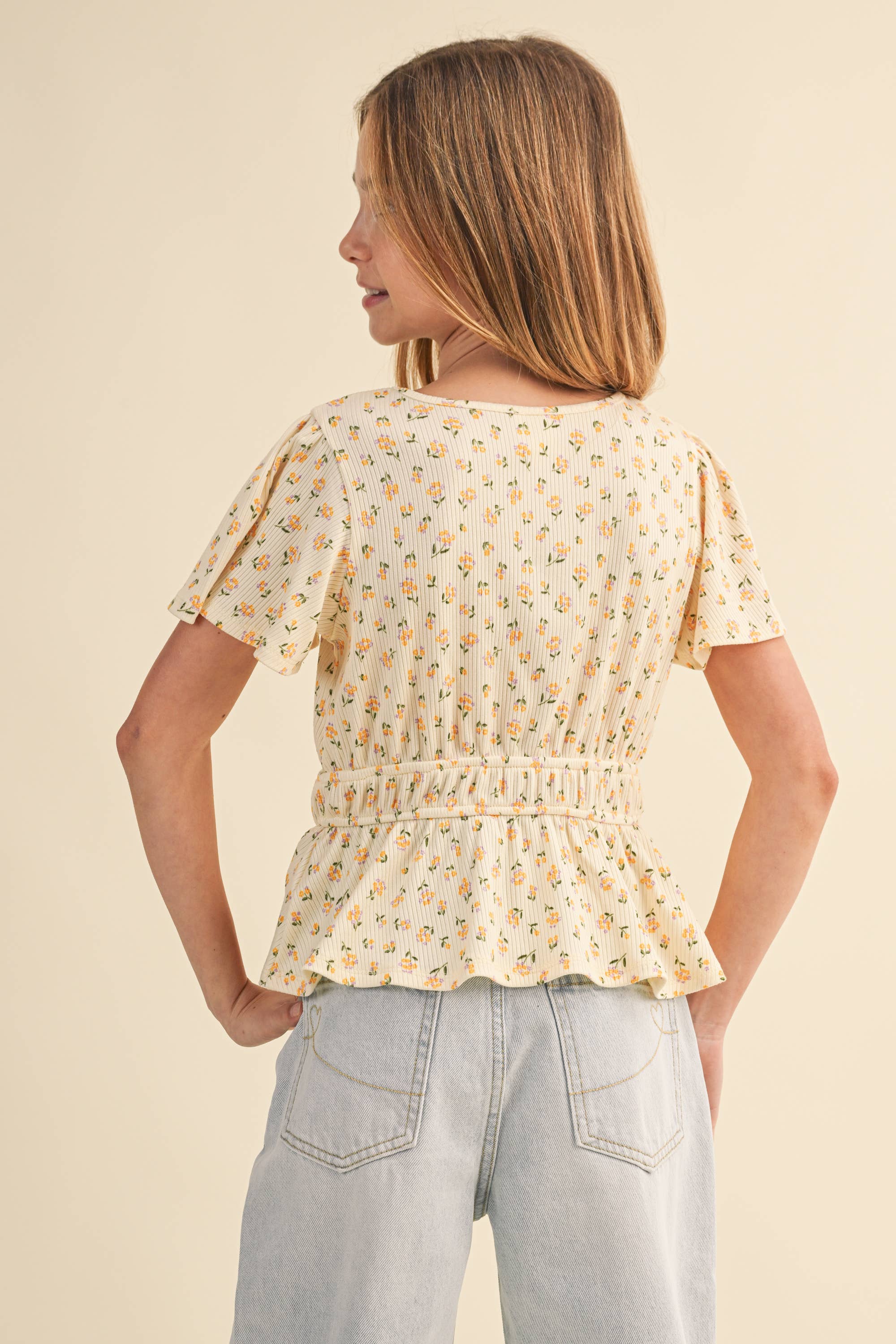 Heart and Arrow Kids Girls Round Neck Flutter Slv Peplum Top