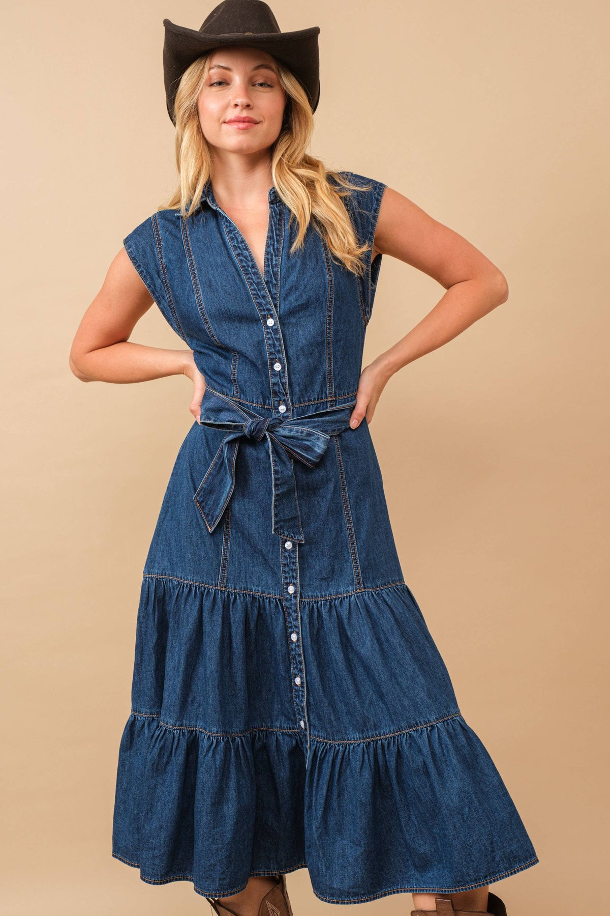 Blue B Belted Button Up Tiered Denim Midi Dress
