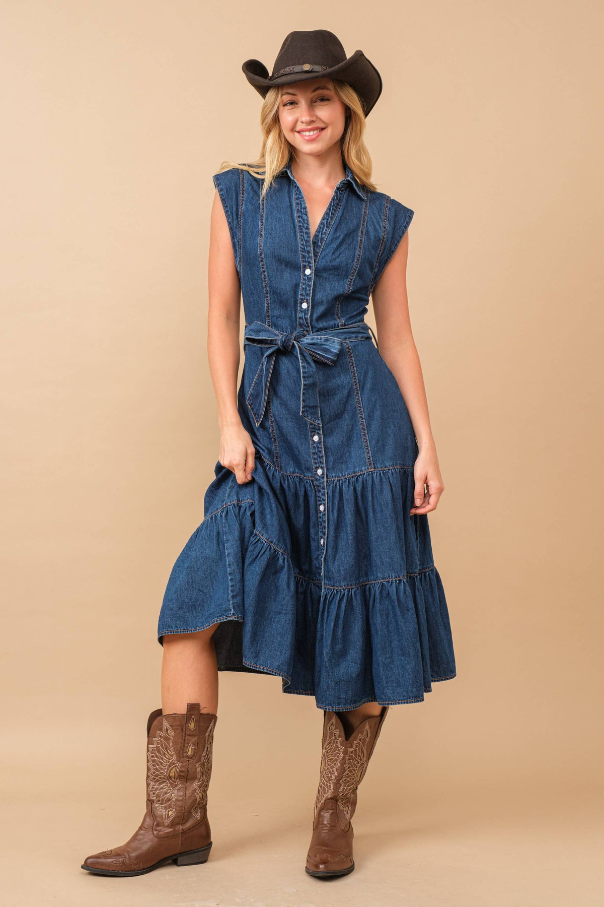 Blue B Belted Button Up Tiered Denim Midi Dress