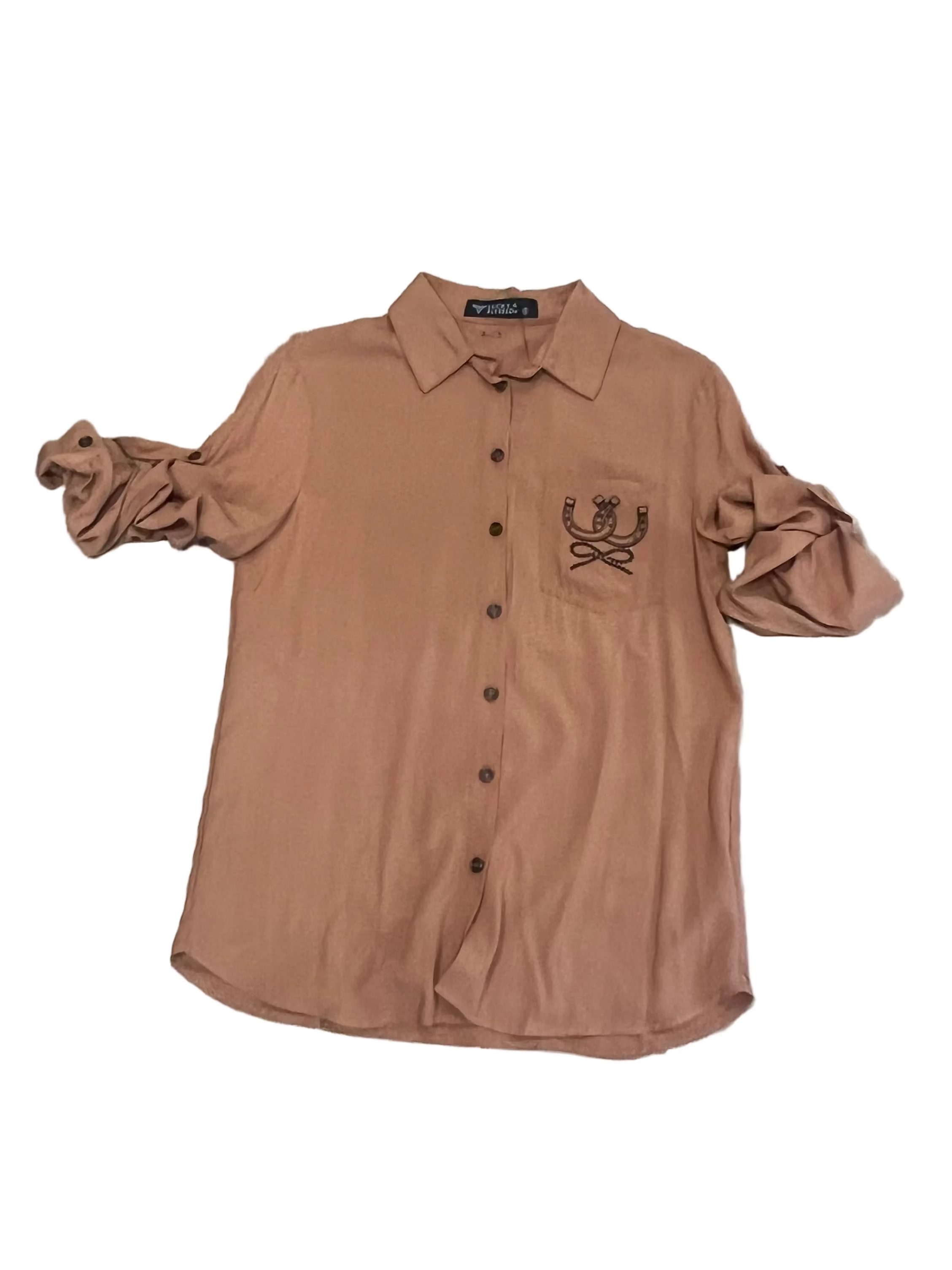 Women's Lucky & Blessed Camel Button Up Embroidery Top