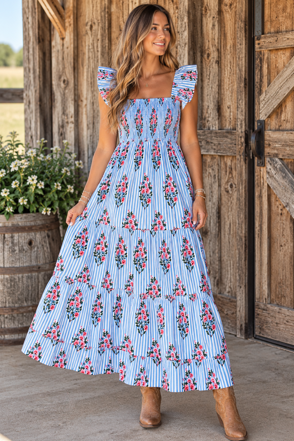 Lilbelle Lil Maxi Dress- Mini Stripe Floral Light Blue