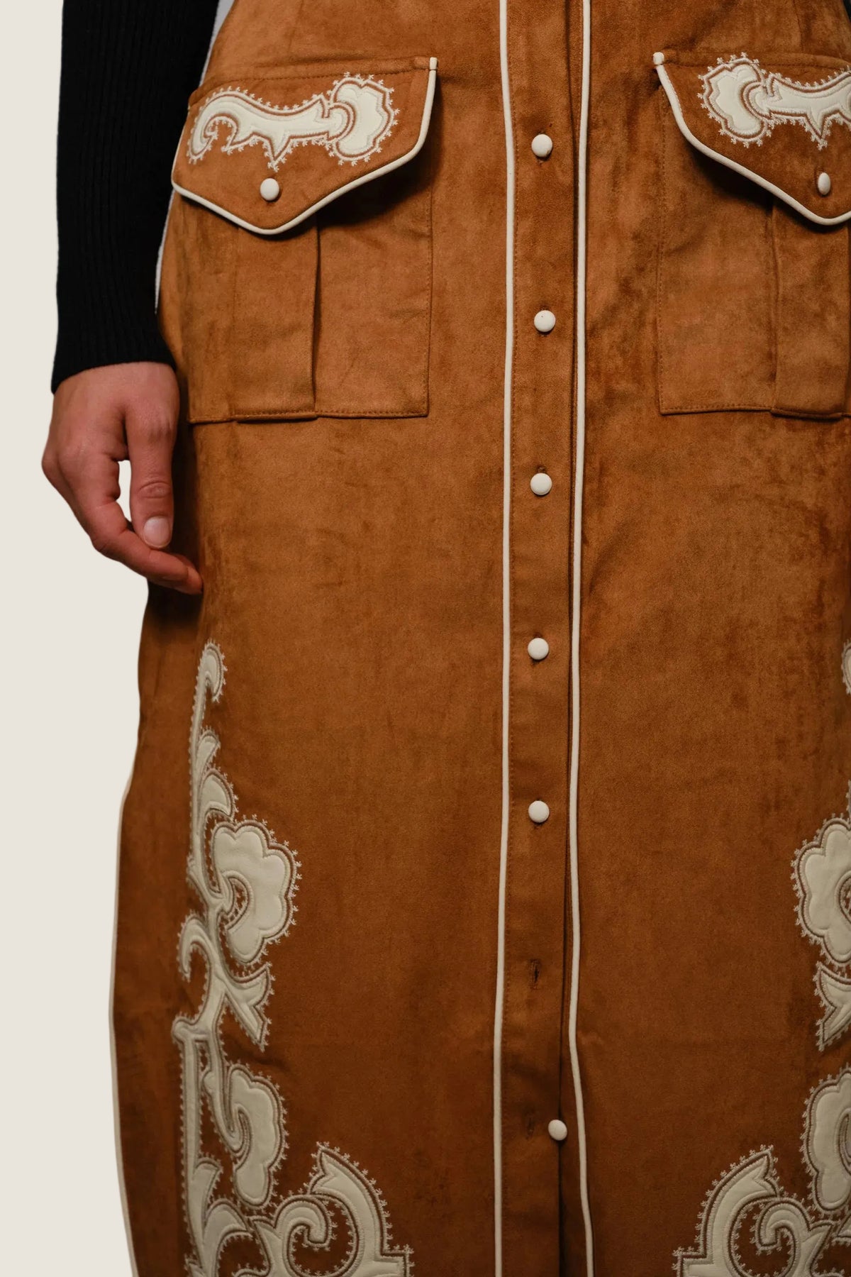 Suede Embroidered Patch Midi Skirt