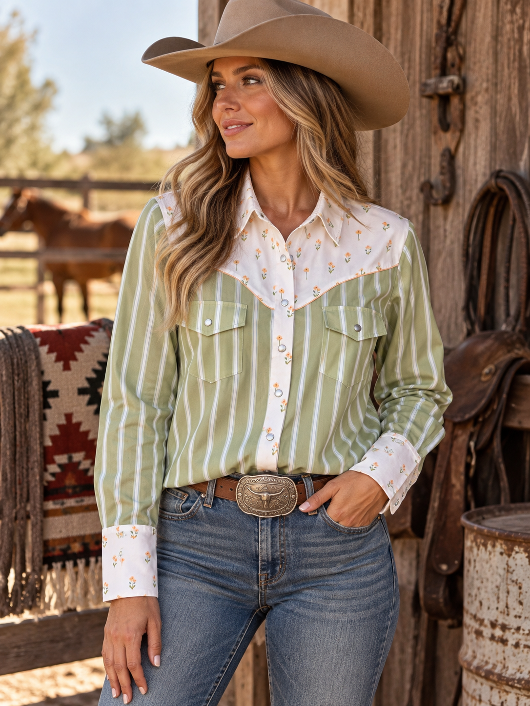 Women's Howdy Hanny Daisy Olive Stripe Pearl Snap Shirt