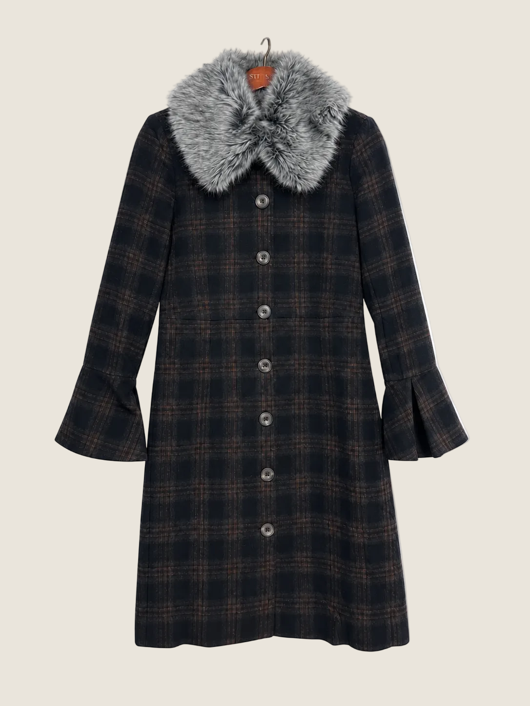 Stetson Women's Plaid Wool Blend Bell Sleeve Long Jacket with Fur