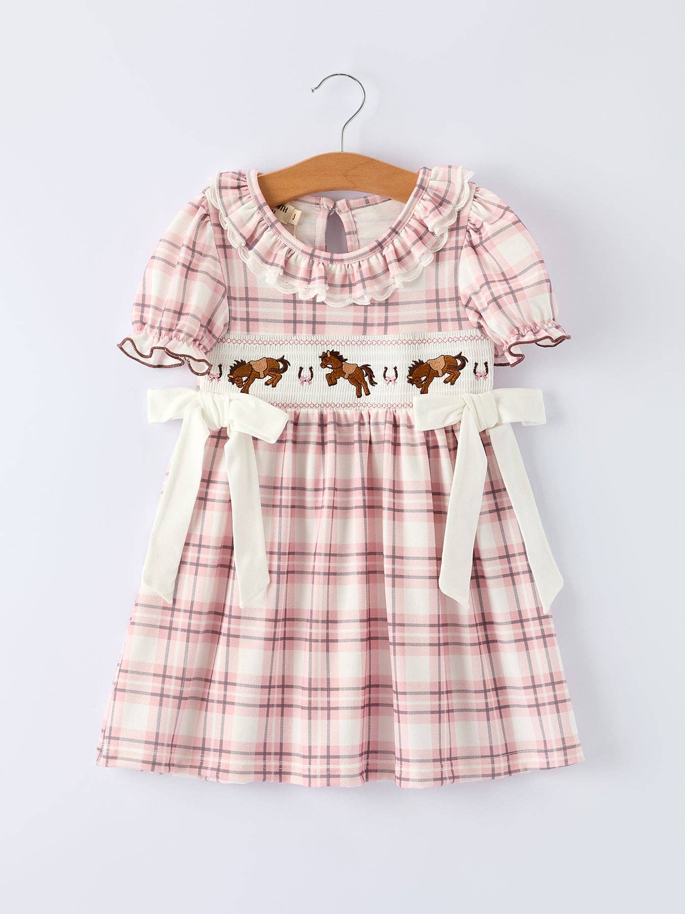 Rylee Faith Designs Western Horse Embroidered Smocked Plaid Girls Dress
