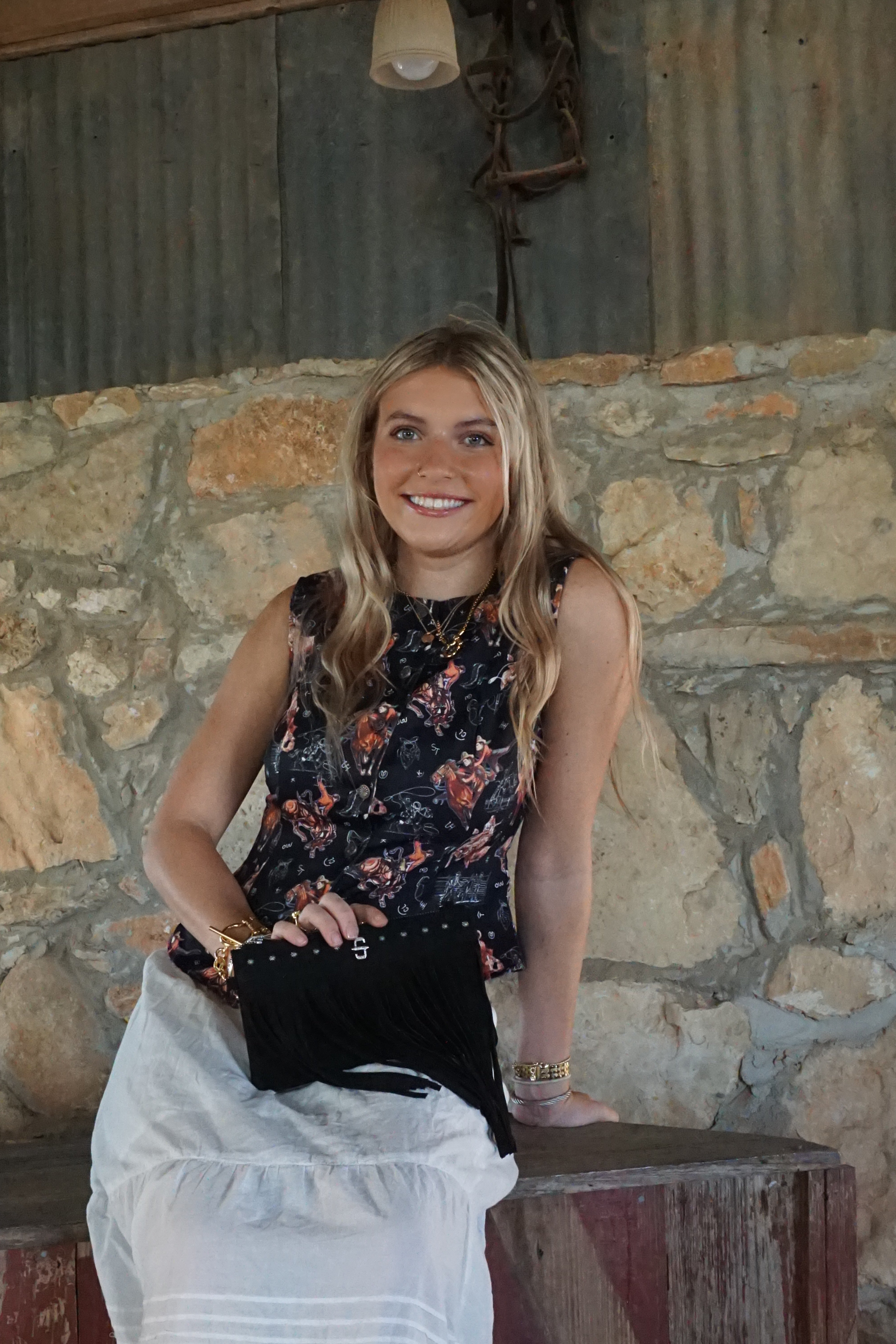 Women's Lucky & Blessed Bronco Western Printed Button Down Vest Tie Back