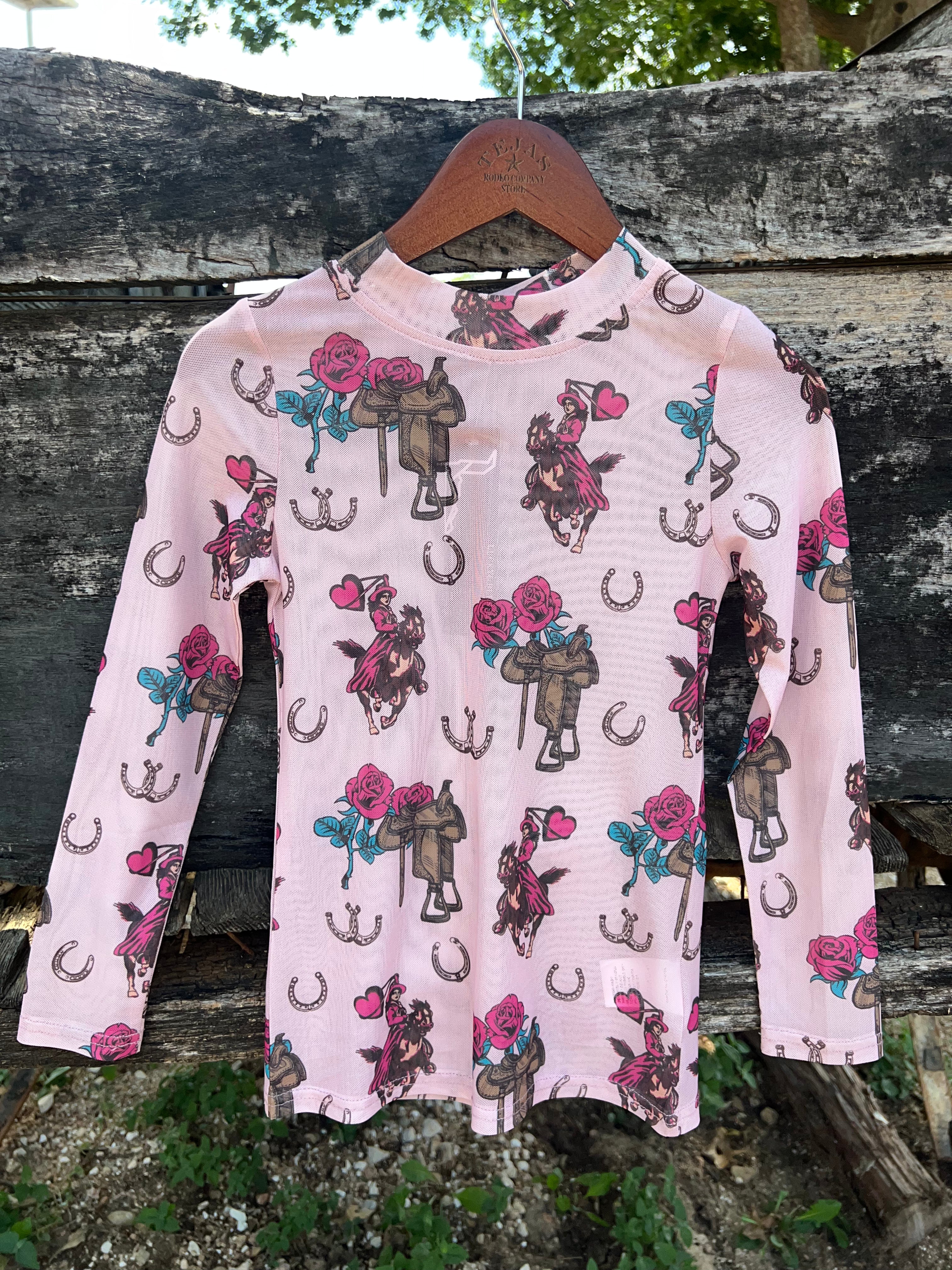 Lucky & Blessed Girl's Pink Floral Horse Saddle Printed Long Sleeve Mesh Top