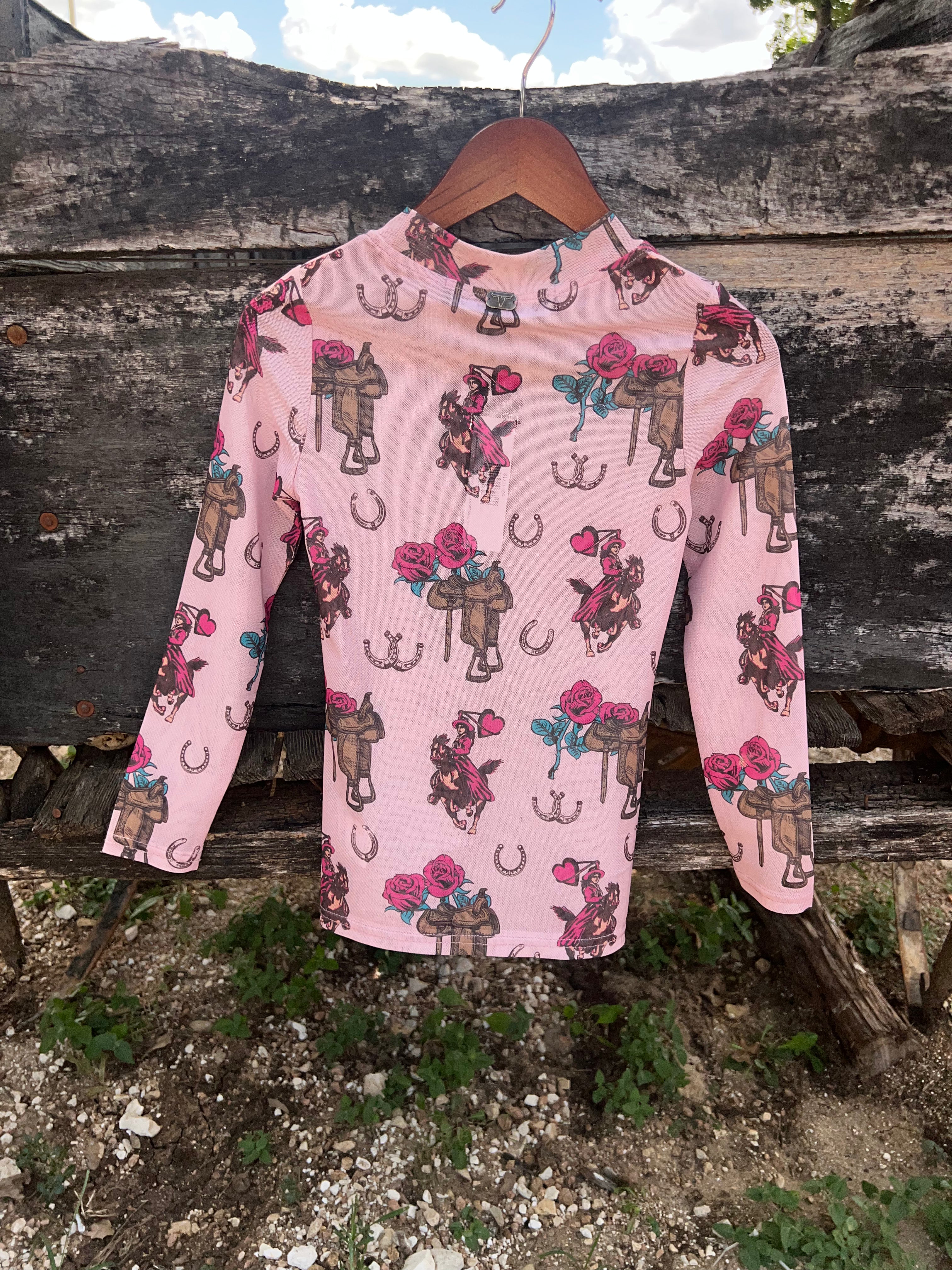Lucky & Blessed Girl's Pink Floral Horse Saddle Printed Long Sleeve Mesh Top