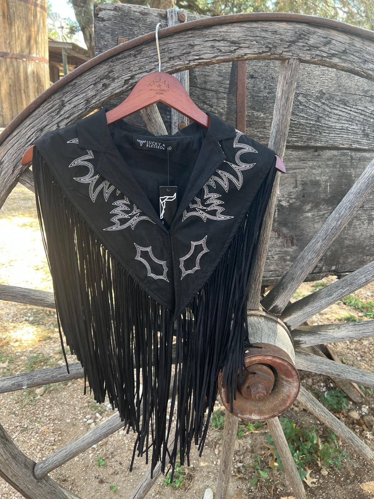 Women's Lucky & Blessed Black Boot-Stitched Embroidered Cape W Fringe