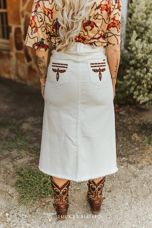 Women's Lucky & Blessed Ivory Stretch Denim Boot-Stitch Embroidered Studded Front Slit Hem Skirt
