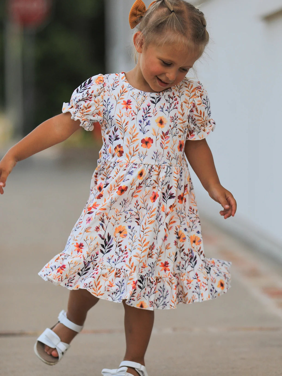 Rylee Faith Designs Fall Floral Puff Sleeve Ruffle Girls Dress