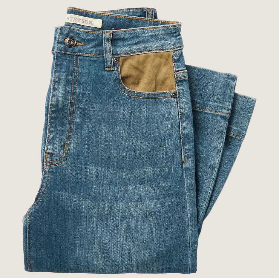 Stetson High Rise Wide Leg Fit With Brown Pocket Dark Wash