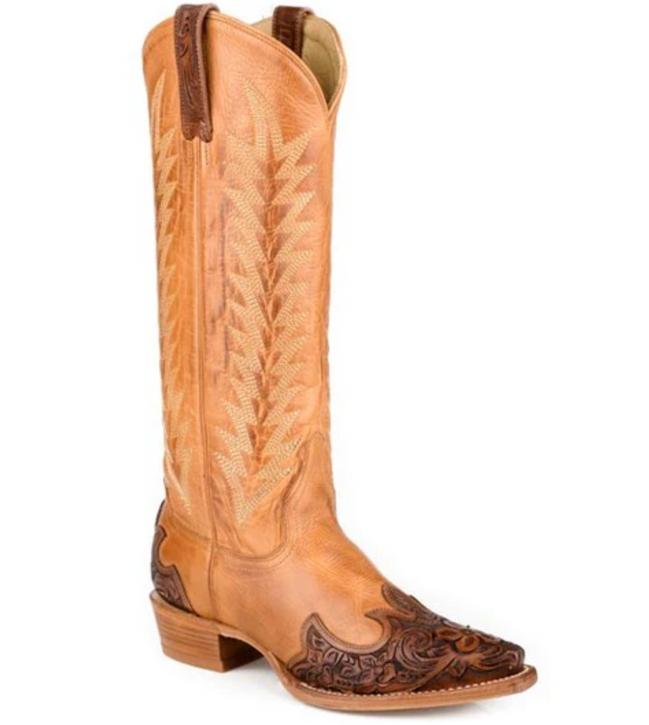 Women's Stetson Tobacco Hand Tooled Wingtip Boot