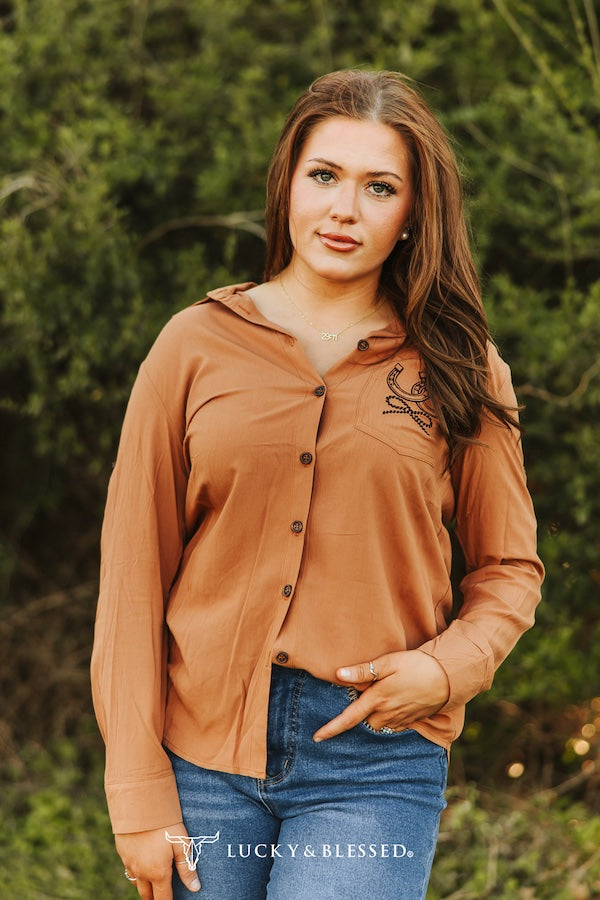 Women's Lucky & Blessed Camel Button Up Embroidery Top