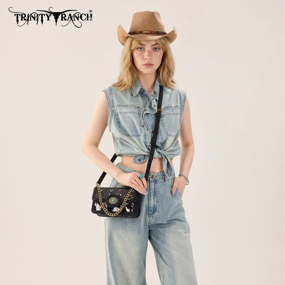 Trinity Ranch Cowhide Floral Cutout Crossbody Purse
