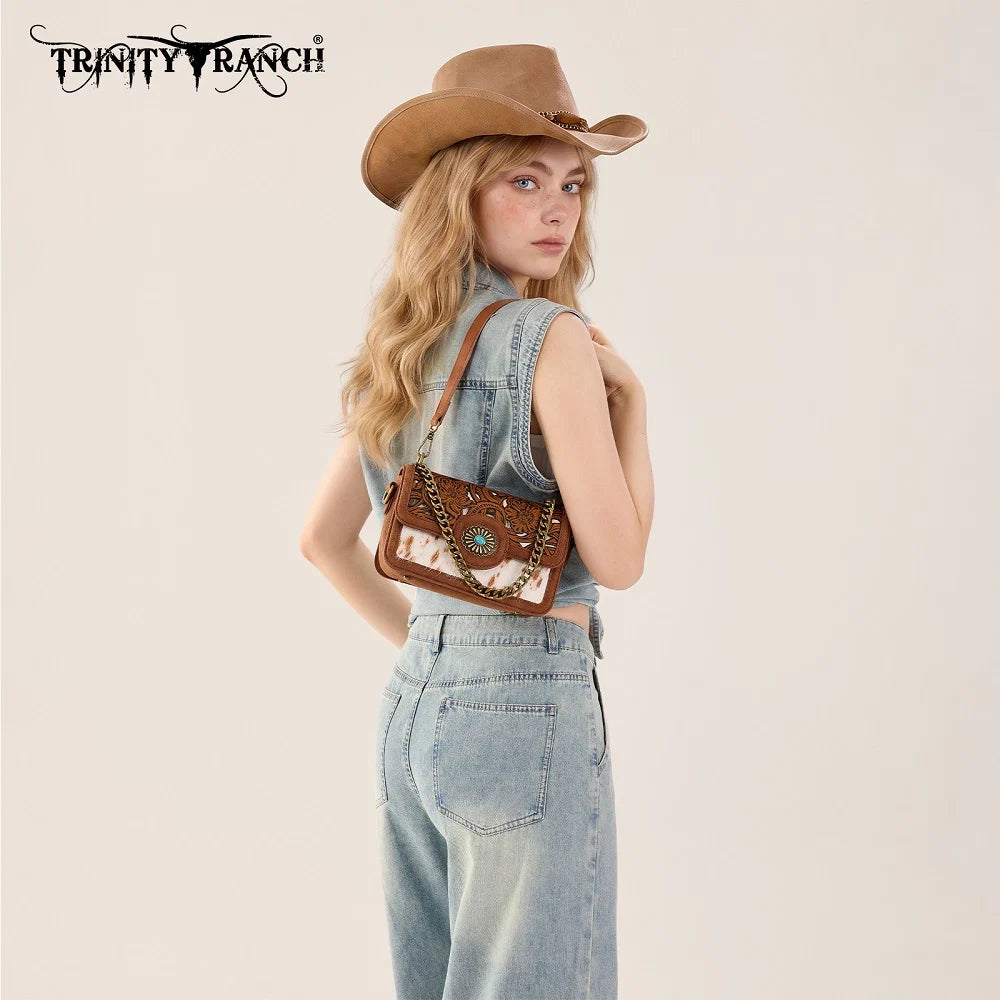 Trinity Ranch Cowhide Floral Cutout Crossbody Purse