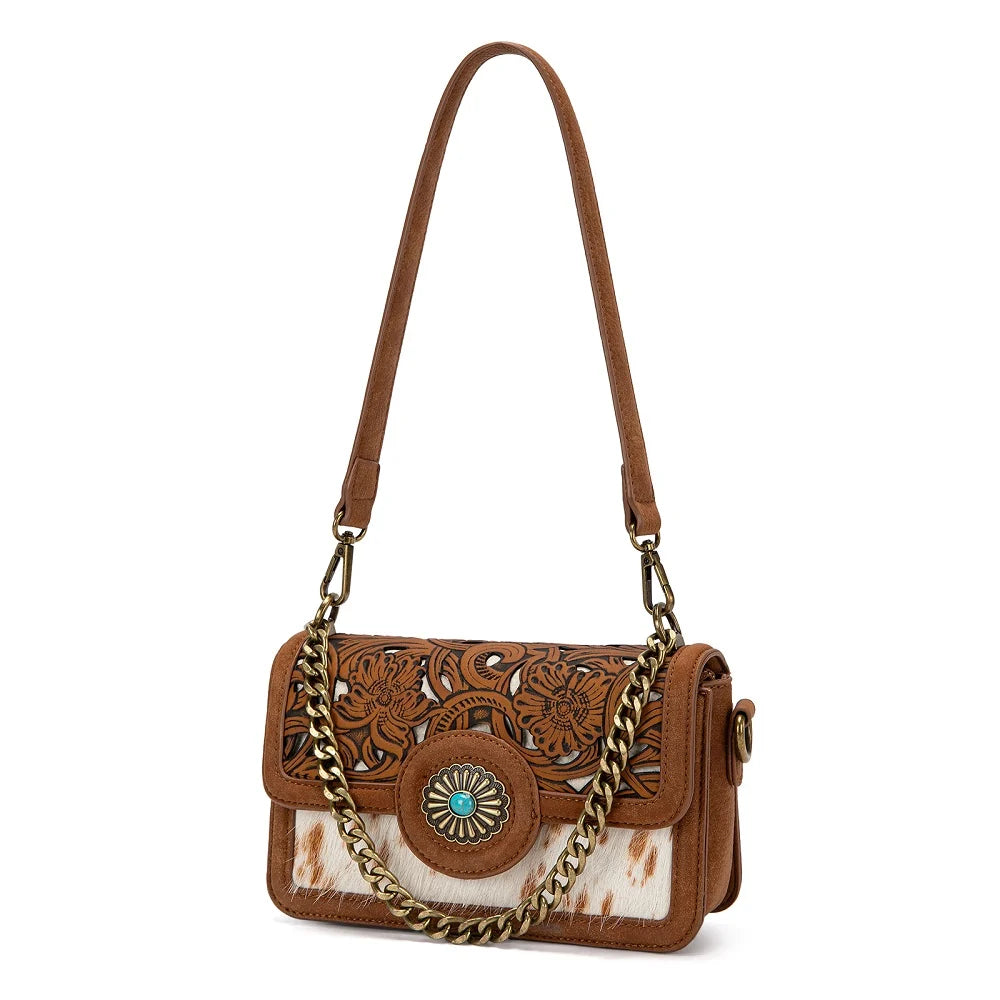 Trinity Ranch Cowhide Floral Cutout Crossbody Purse