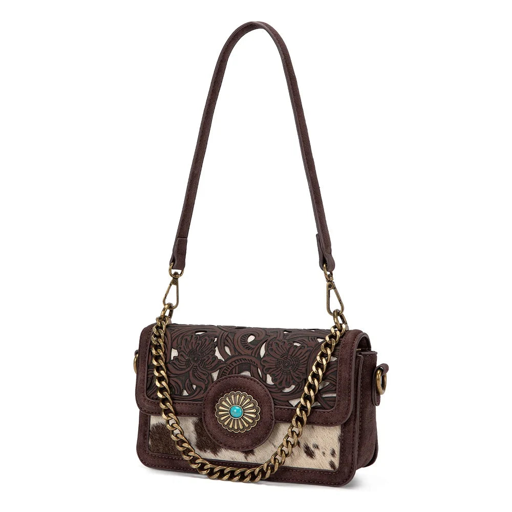 Trinity Ranch Cowhide Floral Cutout Crossbody Purse