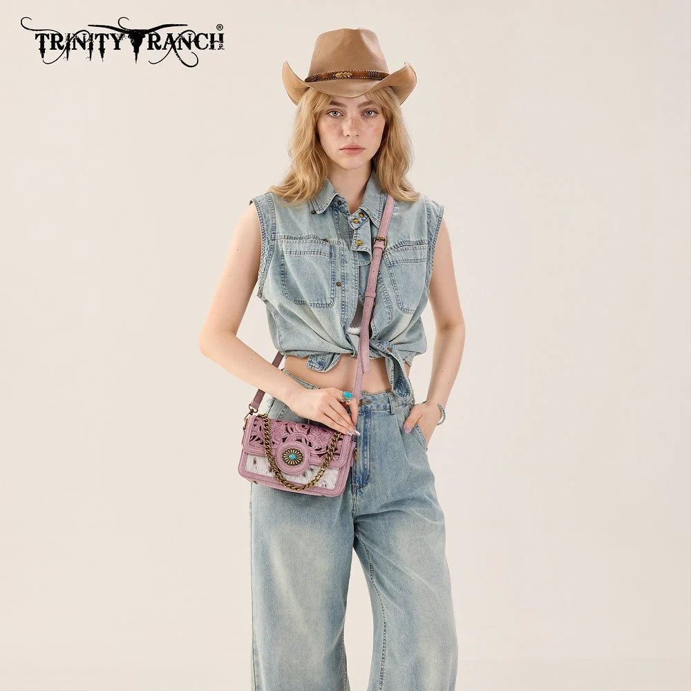 Trinity Ranch Cowhide Floral Cutout Crossbody Purse
