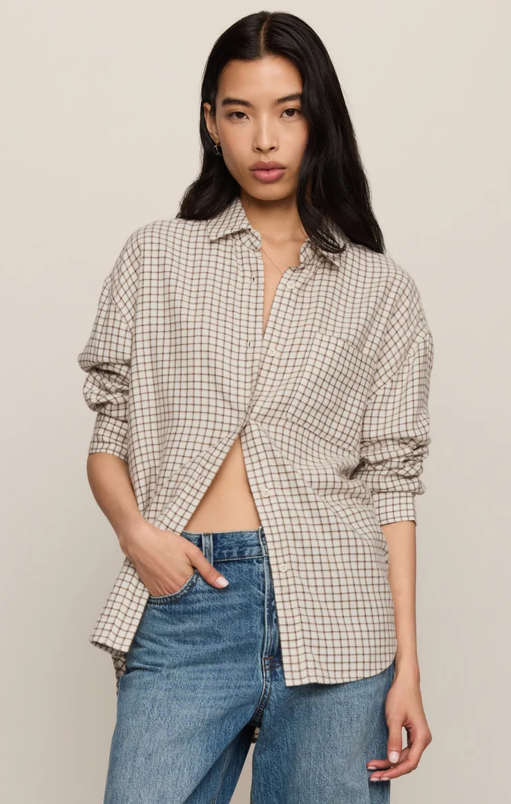Z Supply River Plaid Button Up Frosted Pearl