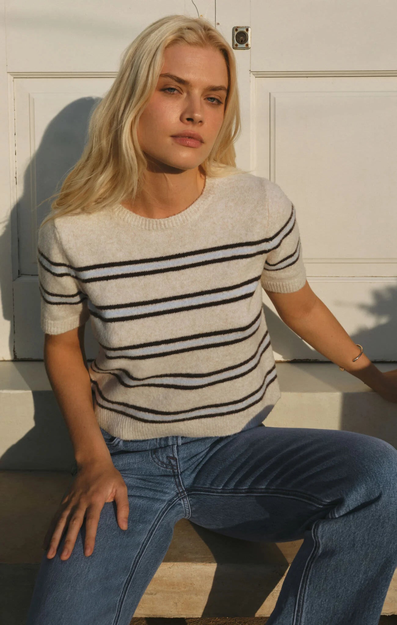 Z Supply Gatewood Stripe Sweater Tee Light Oatmeal Heather