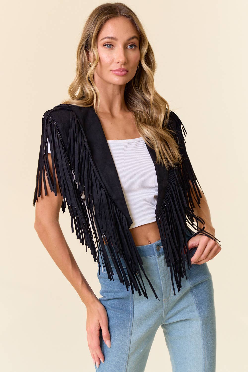 Saints & Hearts Black Fringe Suede Collar Shrug
