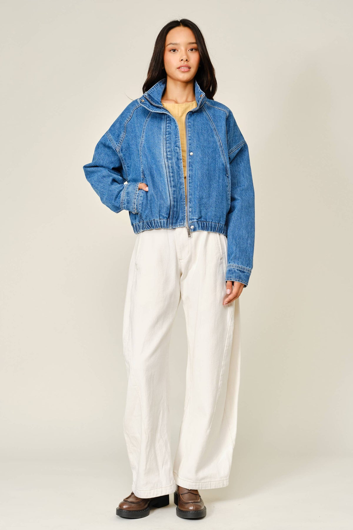 Aaron & Amber WASHED DENIM FUNNEL BOMBER JACKET