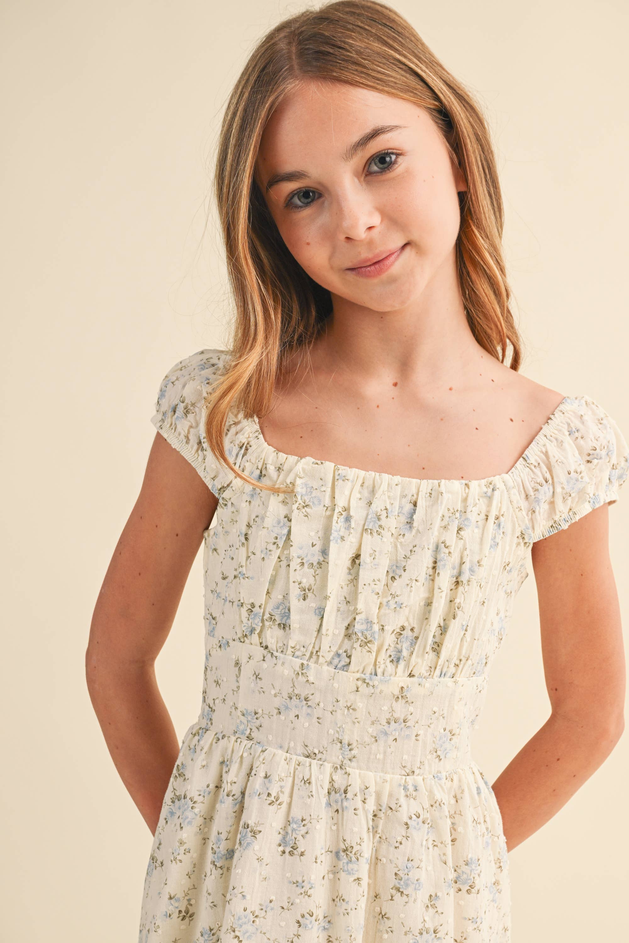 Heart and Arrow Girls Ruched Shoulder Mini Dress