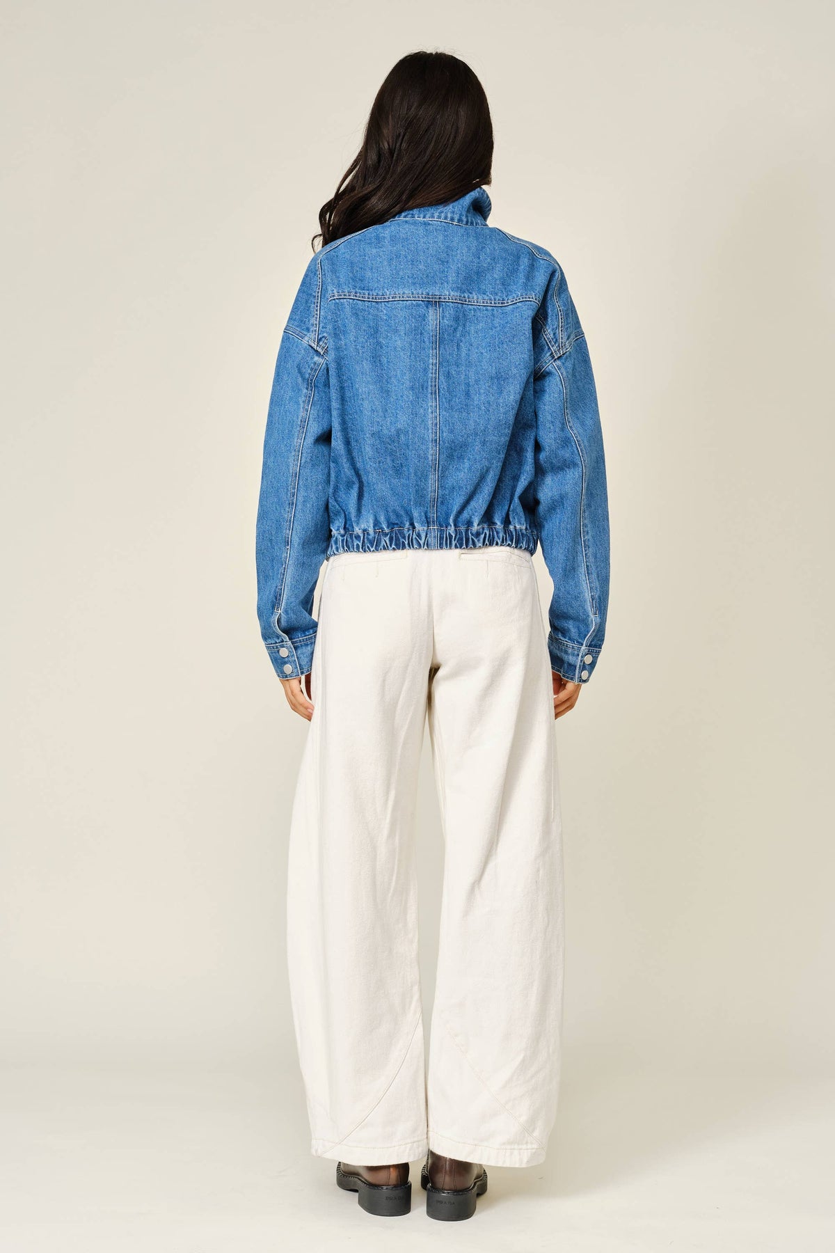 Aaron & Amber WASHED DENIM FUNNEL BOMBER JACKET