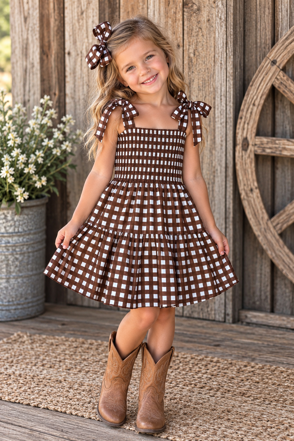 Lilbelle Joy Bow Girl Dress- Gingham Chocolate