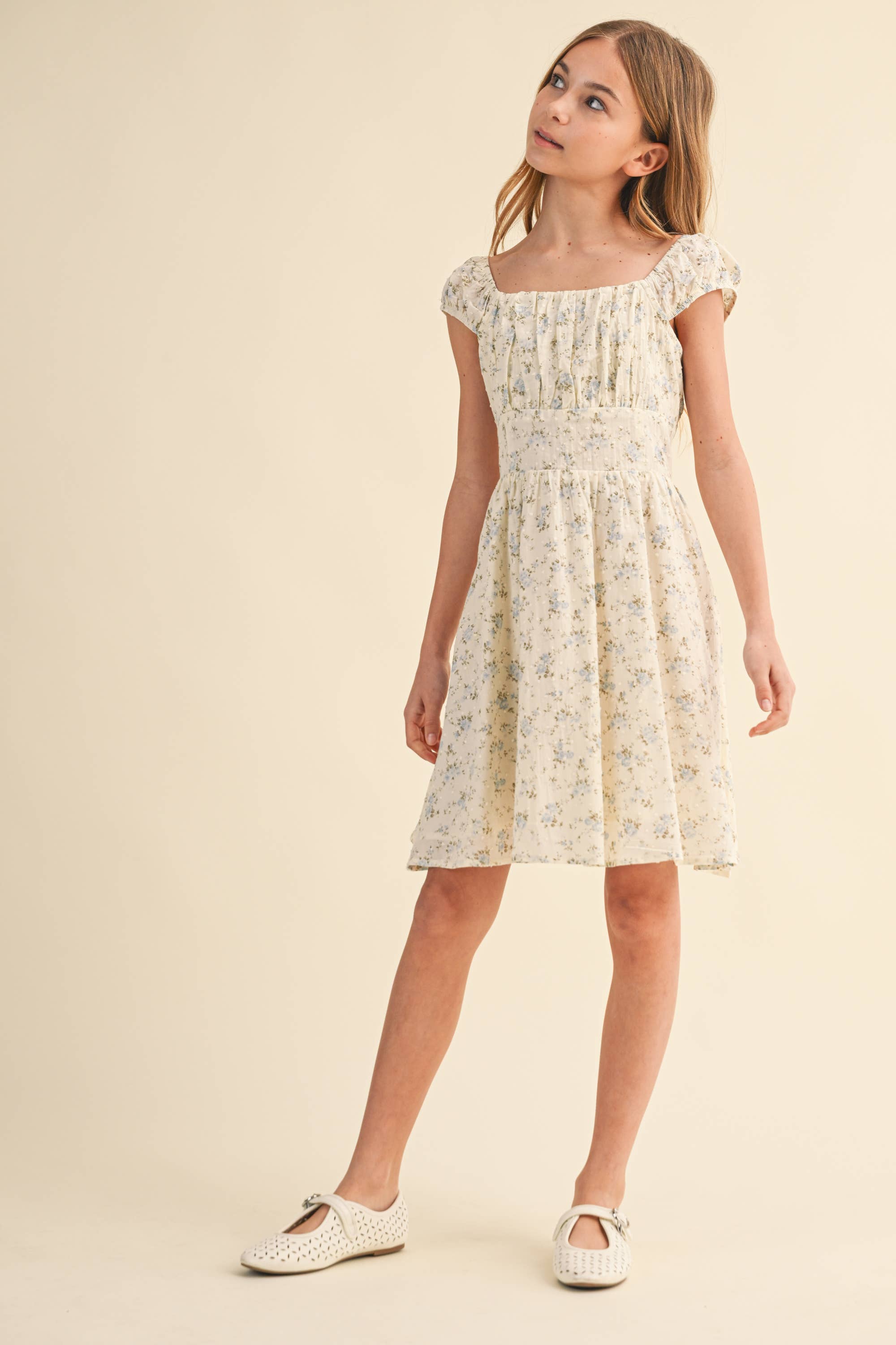Heart and Arrow Girls Ruched Shoulder Mini Dress