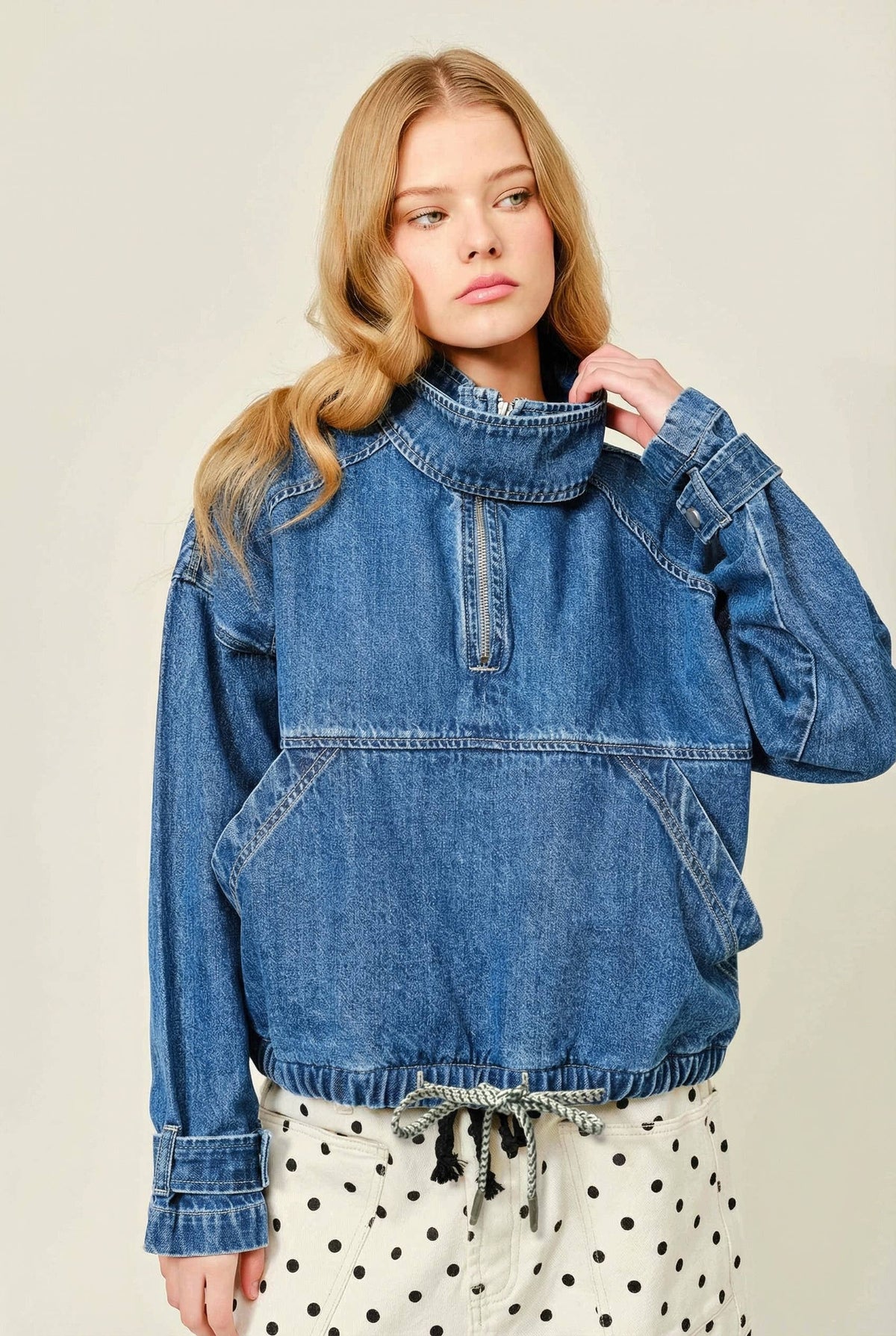 Aaron & Amber PULLOVER DRAWSTRING HEM DENIM JACKET