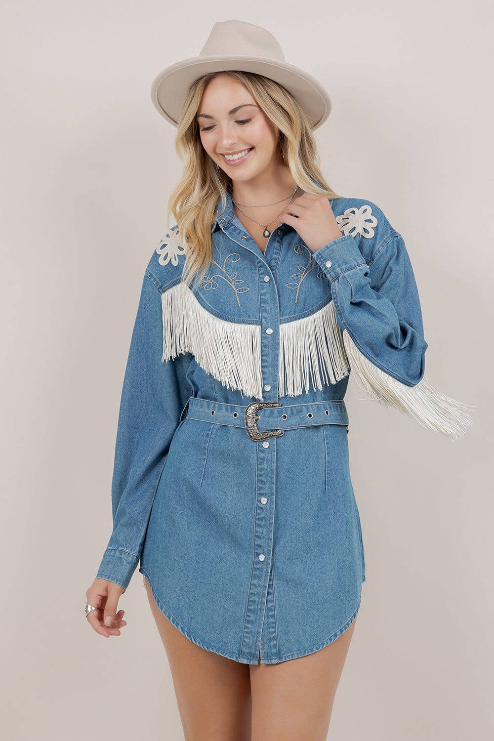 EMBROIDERY DETAIL FRINGE DENIM DRESS