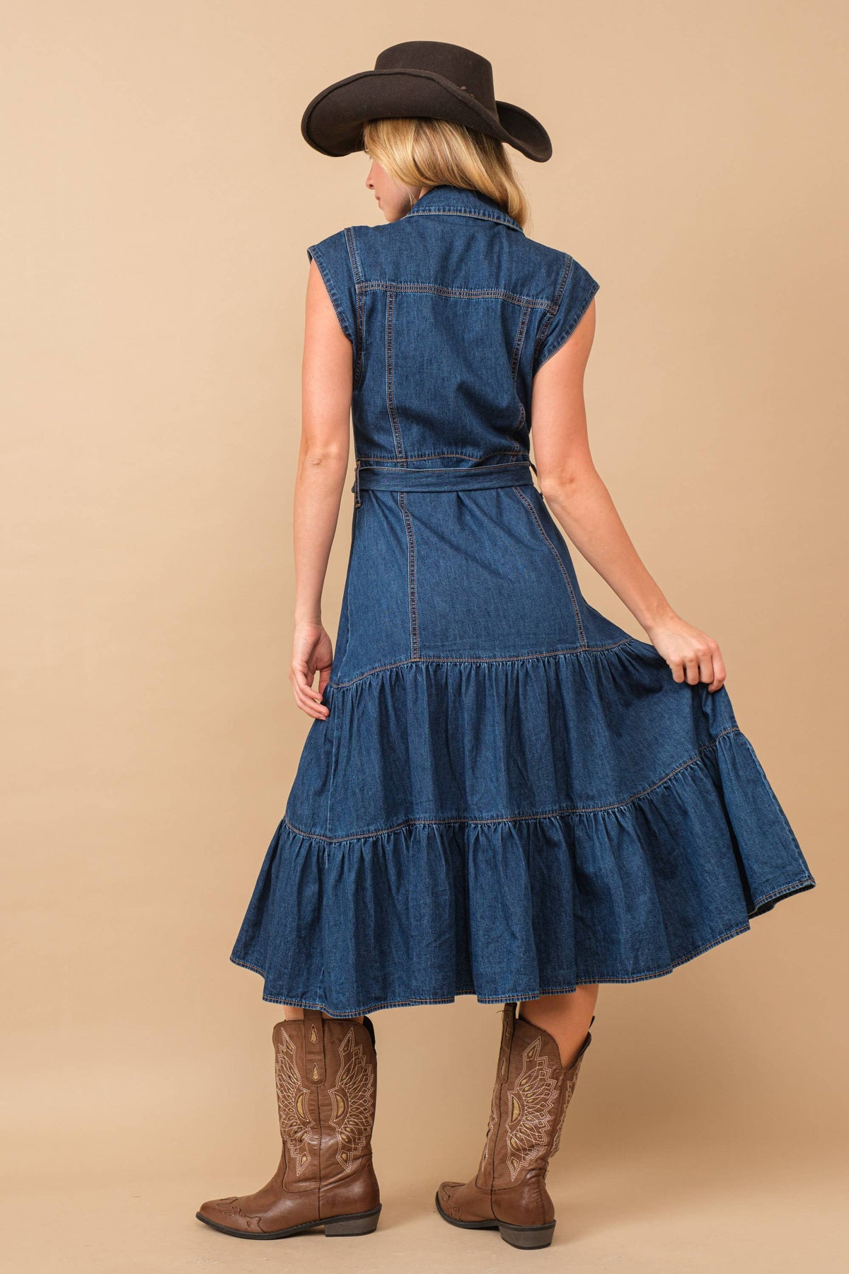 Blue B Belted Button Up Tiered Denim Midi Dress