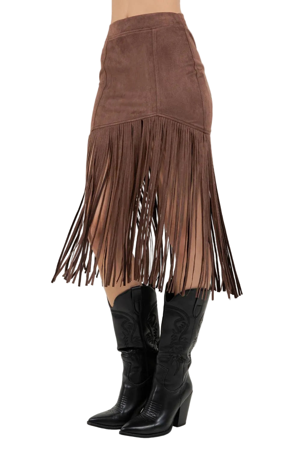CHOCOLATE FRINGED FAUX SUEDE SKIRT
