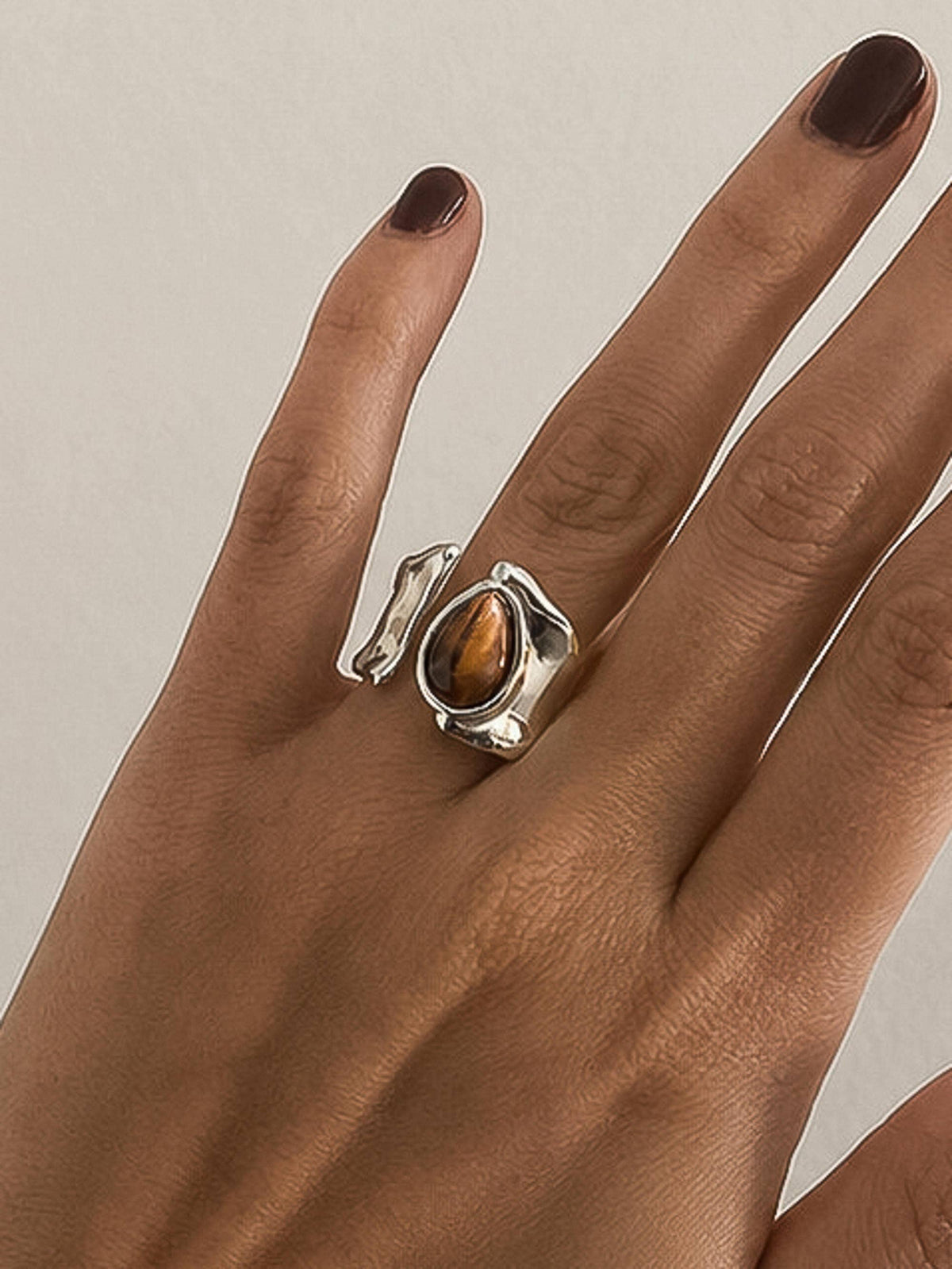 Flanerie Jaspe Silver Non-Tarnish Tiger Eye Statement Ring