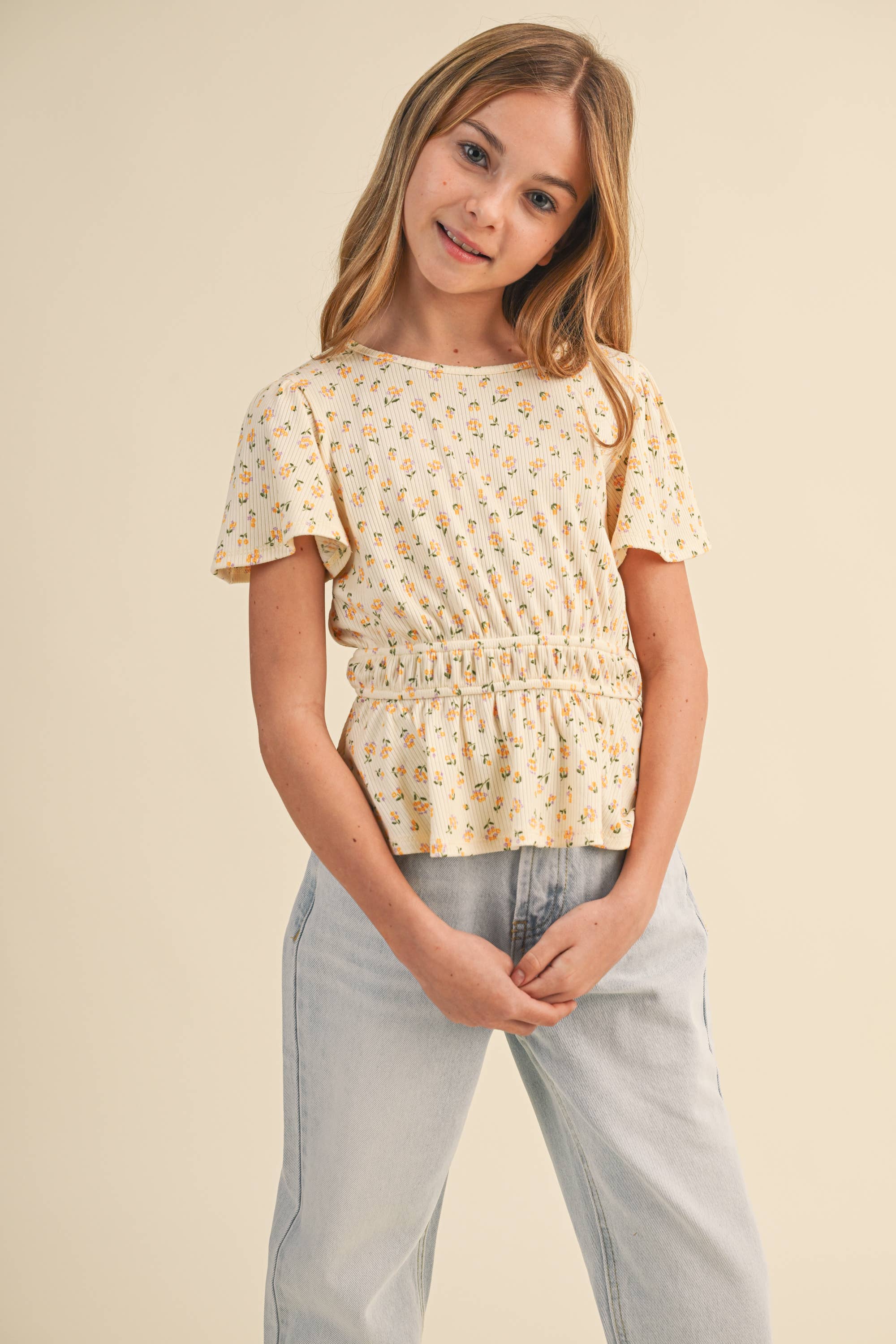 Heart and Arrow Kids Girls Round Neck Flutter Slv Peplum Top