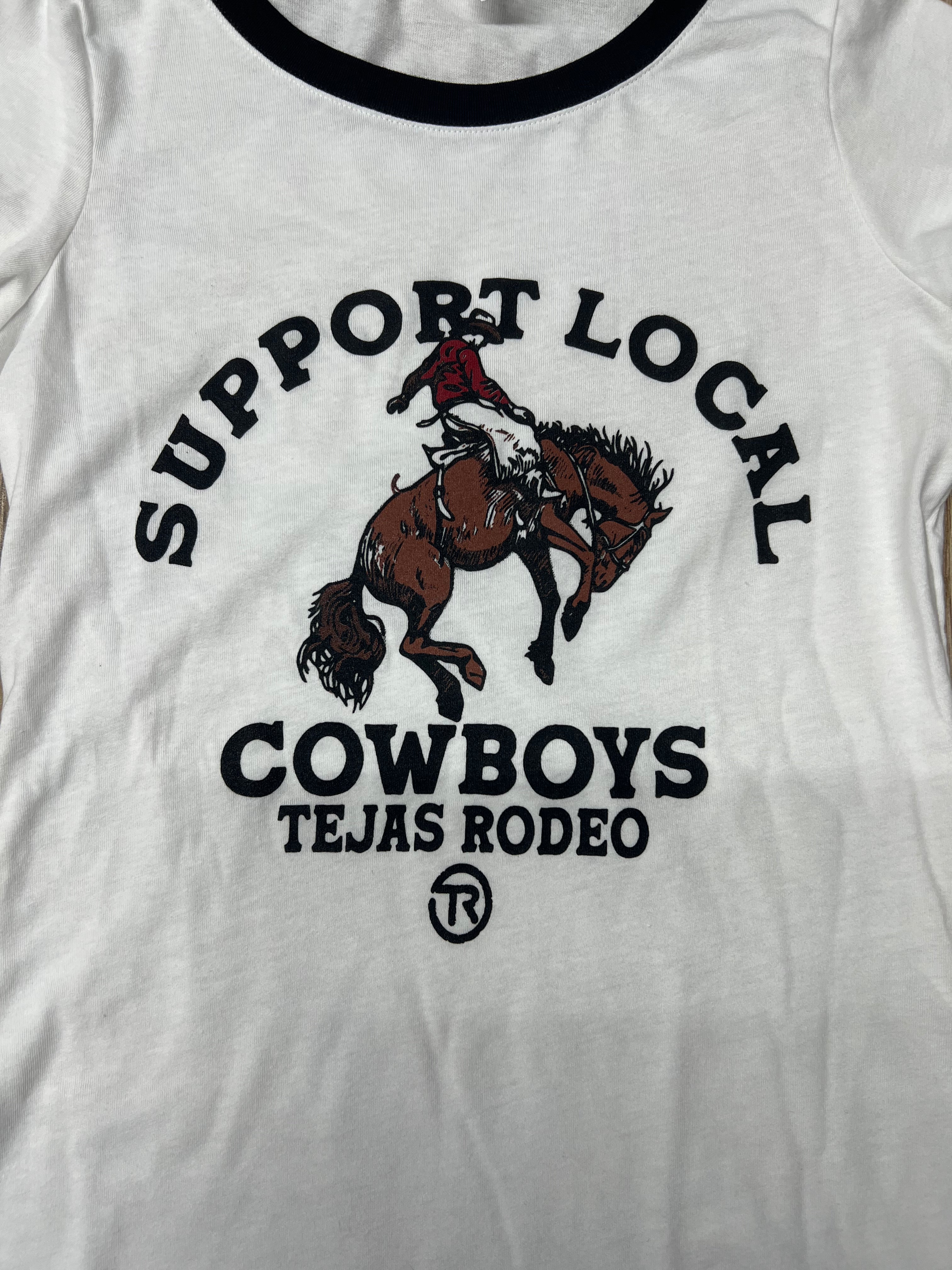 Women's Tejas Rodeo Support Your Local Cowboys Black Trim Shirt