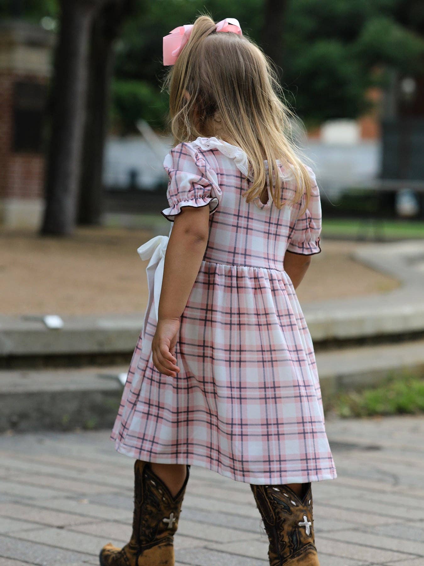 Rylee Faith Designs Western Horse Embroidered Smocked Plaid Girls Dress