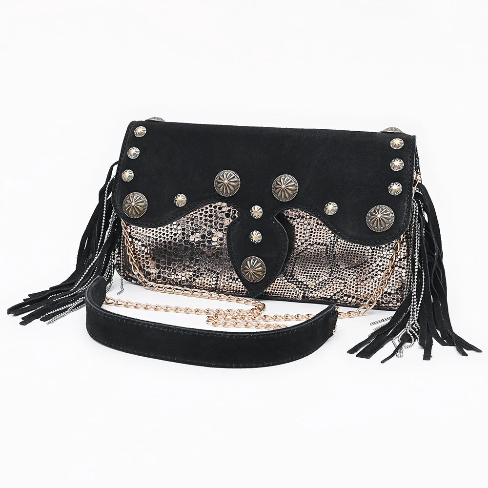 American Darling Western Suede Leather Cross body Bag with Concho and Fringes